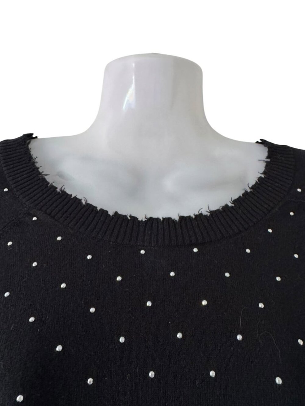 NEW MinnieRose Cashmere Sweater Frayed Edge Crew Black Silver Tone Beads Med - Picture 3 of 12